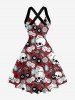 Robe trapèze à bretelles croisées à imprimé crânes, poker, dés et cerises Hawaii, en halter - Rouge foncé S