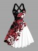 Robe trapèze Hawaii à imprimé floral feuillage et branches, style halter à bretelles croisées - Rouge foncé XS