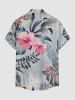 Chemise hawaïenne pour homme à imprimé feuilles et fleurs d'hibiscus, avec boutons et poche - Gris Clair M