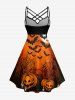 Robe trapèze Halloween à imprimé citrouille, chauve-souris, toile d'araignée et lune, avec fronces et bretelles croisées - Orange XXS