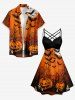 Robe trapèze Halloween à imprimé citrouille, chauve-souris, toile d'araignée et lune, avec fronces et bretelles croisées - Orange XXS