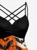 Robe trapèze Halloween à imprimé citrouille, chauve-souris, toile d'araignée et lune, avec fronces et bretelles croisées - Orange XXS