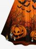 Robe trapèze Halloween à imprimé citrouille, chauve-souris, toile d'araignée et lune, avec fronces et bretelles croisées - Orange XXS