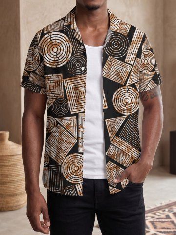 Vintage Ethnic Geometric Graphic Print Hawaii Button Pocket Shirt For Men - BROWN - 3XL