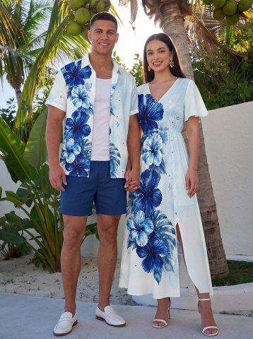 Hibiscus Flower Tropical Leaf Print Matching Hawaii Beach Outfit For Couples