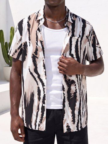 Ethnic Animal Striped Print Buttons Pocket Hawaii Shirt For Men - BLACK - 5XL