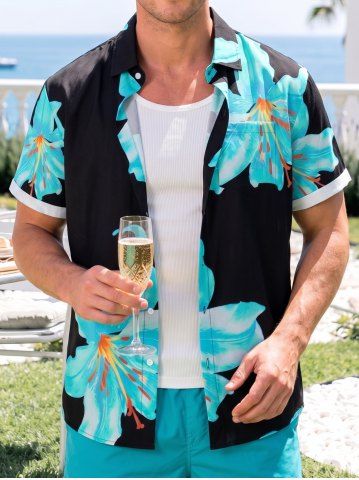 Chemise hawaïenne à imprimé fleurs, avec boutons et poche pour homme - TURQUOISE - 2XL