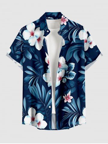 Chemise homme Hawaii à imprimé fleurs et feuilles tropicales, avec boutons et poche - CADETBLUE - 6XL
