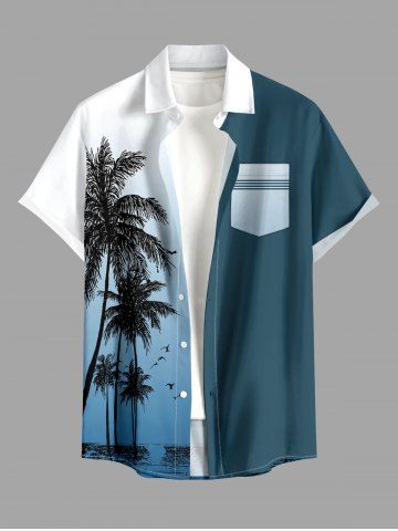 Chemise hawaïenne à boutons et poche avec motif imprimé dégradé d'arbres de coco pour homme - PEACOCK BLUE - 5XL
