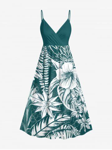 Robe portefeuille trapèze Hawaii à imprimé feuilles tropicales et hibiscus - DARK TURQUOISE - 1X