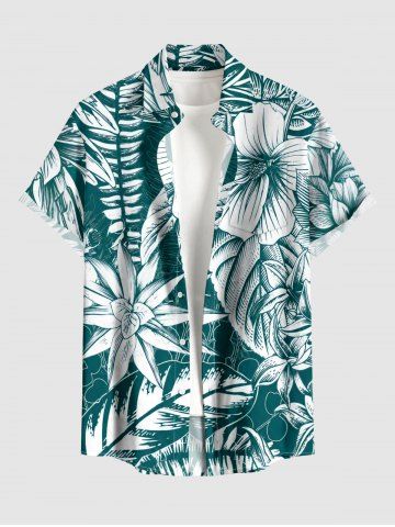 Chemise hawaïenne à boutons avec poche pour homme, imprimé feuilles tropicales et fleurs d'hibiscus - DARK TURQUOISE - 5XL