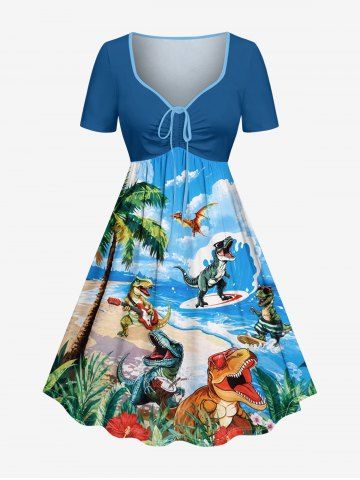 Dinosaur Coconut Tree Flowers Sea Waves Print Cinched Hawaii Dress