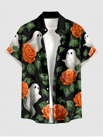 Halloween Flowers Leaf Ghost Print Buttons Pocket Shirt For Men - PLANT GREEN - L