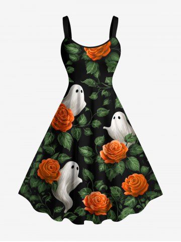 Robe débardeur Halloween à imprimé fantôme, fleurs et feuilles (bretelles ajustables) - PLANT GREEN - 2X