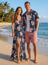 Tenue de plage hawaïenne assortie pour couple, imprimé fleurs et feuilles - Cadetblue 