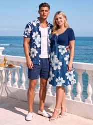 Tenue de plage hawaïenne assortie à imprimé fleurs et feuilles pour couples - Bleu profond 