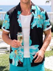 Chemise hawaïenne pour homme à imprimé fleurs, avec boutons et poche - Turquoise 6XL