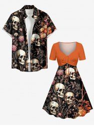 Tenue assortie pour couples - Plage Hawaï - Imprimé fleurs, feuilles, crânes et plantes - Orange 