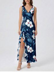 Flower Tropical Leaf Print Hawaii Ruffles Split Dress -  