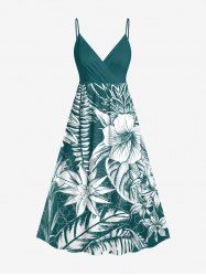 Robe portefeuille coupe trapèze Hawaii à imprimé feuilles tropicales et hibiscus - Turquoise Foncée 6X