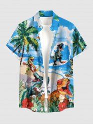 Dinosaur Coconut Tree Flowers Sea Waves Print Buttons Pocket Hawaii Shirt For Men -  