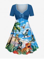 Robe Hawaii cintrée à imprimé dinosaure, cocotier, fleurs et vagues de mer - Pers S
