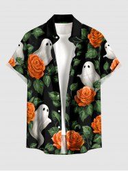 Halloween Flowers Leaf Ghost Print Buttons Pocket Shirt For Men -  