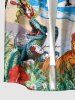 Dinosaur Coconut Tree Flowers Sea Waves Print Buttons Pocket Hawaii Shirt For Men -  