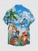 Dinosaur Coconut Tree Flowers Sea Waves Print Buttons Pocket Hawaii Shirt For Men -  