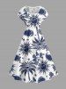 Robe trapèze Hawaii à imprimé cocotier, soleil, fleurs et paisley - Bleu profond L