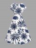 Robe trapèze Hawaii à imprimé cocotier, soleil, fleurs et paisley - Bleu profond L