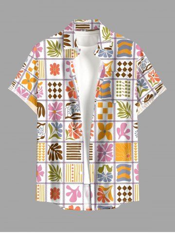 Flower Leaf Geometric Colorblock Print Hawaii Button Pocket Shirt For Men - PINK - 2XL