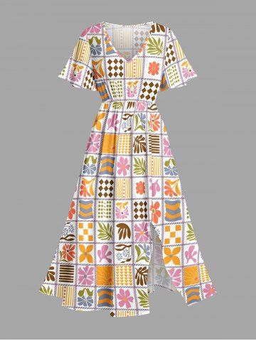 Flower Leaf Geometric Colorblock Print Hawaii Split Pocket A Line Midi Dress - PINK - 6X