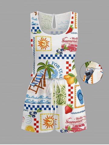 Sun Fruit Sea Print Hawaii Drawstring Pocket Romper - BLUE - XXS