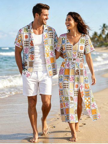 Tenue de plage Hawaii assortie pour couples avec imprimé fleurs, feuilles, géométrique et colorblock - PINK