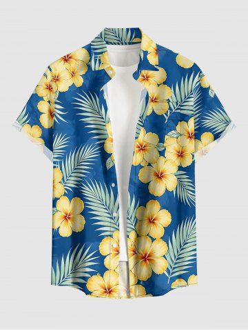 Chemise hawaïenne pour homme à imprimé de fleurs d'hibiscus et feuilles tropicales, avec poche boutonnée - SKY BLUE - M