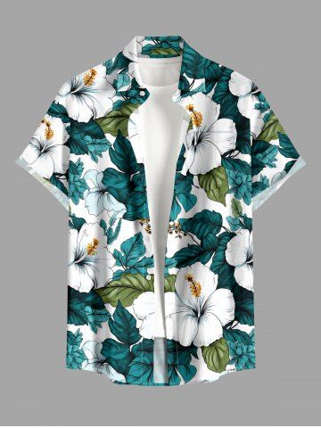 Chemise hawaïenne pour homme à imprimé fleur et feuille d'hibiscus, avec boutons et poche - DARK TURQUOISE - M
