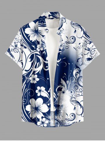 Chemise hawaïenne pour homme avec imprimé fleurs ombré colorblock, boutons imprimés et poche - DEEP BLUE - 5XL