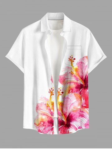 Chemise hawaïenne pour homme à motif aquarelle d'hibiscus, avec boutons et poche - WHITE - 6XL