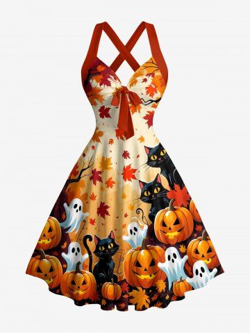 Halloween Pumpkin Cat Ghost Maple Leaves Print Crisscross Straps Bowknot Tank Dress - ORANGE - L