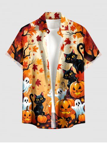 Halloween Pumpkin Cat Ghost Maple Leaves Print Buttons Pocket Shirt For Men - ORANGE - 3XL