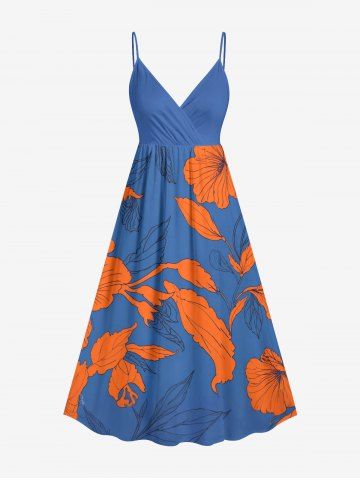Robe trapèze portefeuille à imprimé floral et feuilles hawaïen - SKY BLUE - XXS