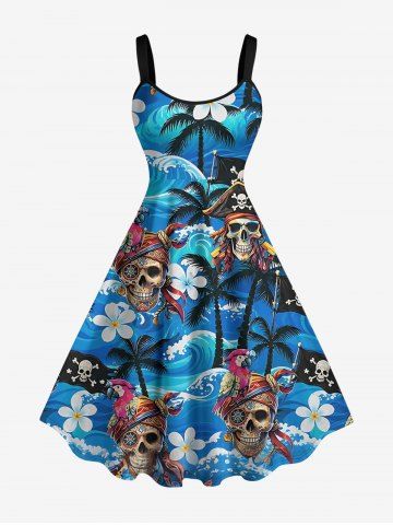 Robe trapèze Hawaii à imprimé crânes, pirates, perroquets, cocotiers, fleurs et vagues de la mer - LAKE BLUE - M