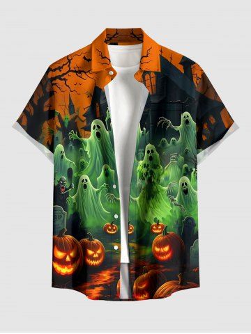 Halloween Pumpkin Lantern Ghost Castle Print Button Pocket Shirt For Men - GREEN - 3XL