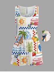 Sun Fruit Sea Print Hawaii Drawstring Pocket Romper -  