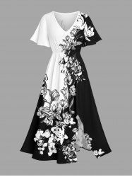 Robe midi en A à imprimé Hawaii fleurs et feuilles avec poches fendues - Noir L