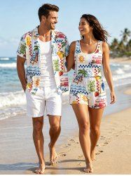Matching Hawaii Shirt and Romper Beach Outfit Sun Fruit Sea Print For Couples -  