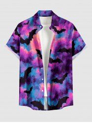 Halloween Tie Dye Ombre Galaxy Moon Bat Print Button Pocket Shirt For Men -  