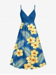 Hibiscus Flower Tropical Leaf Print Surplice Hawaii Cami Dress -  