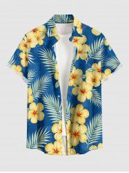 Hibiscus Flower Tropical Leaf Print Buttons Pocket Hawaii Shirt For Men -  